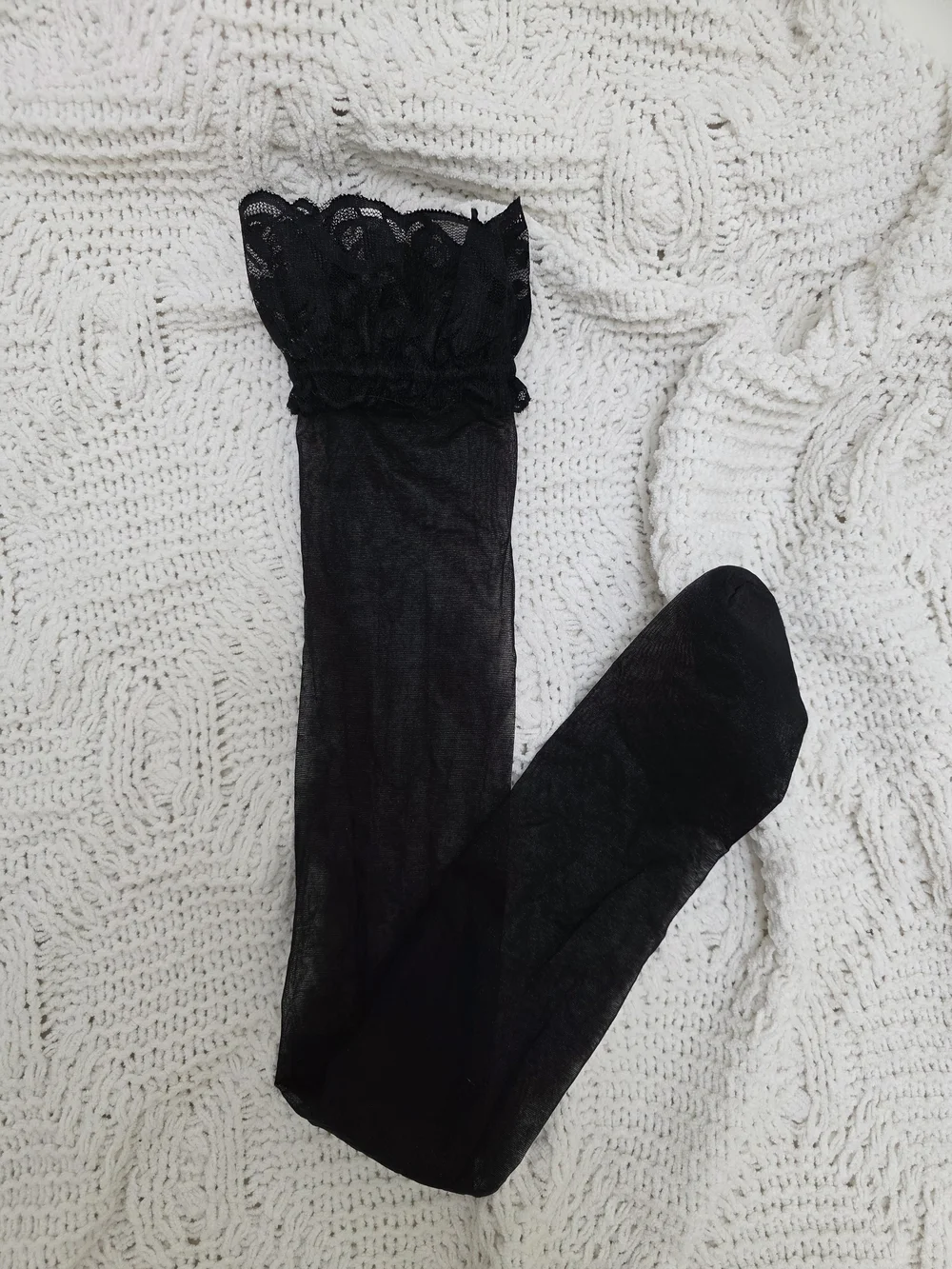 Sheer Black Lace Women's Hosiery  - Classic Sheer Tigh Highs Well Worn